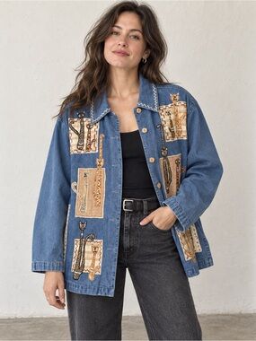 Vintage 90s Whimsical Cat Applique Denim Shirt Jacket